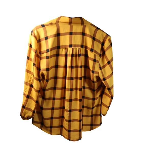 7th Ave New York & Company Blouse Yellow & Brown Plaid Tie-V-Neck 3/4 Sleeve M - Picture 2 of 10